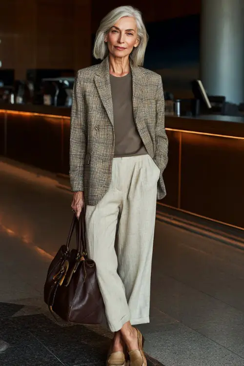 A woman over 50 wears a relaxed blazer over a fitted top and comfortable trousers, paired with loafers and a leather handbag, standing near the check-in counter