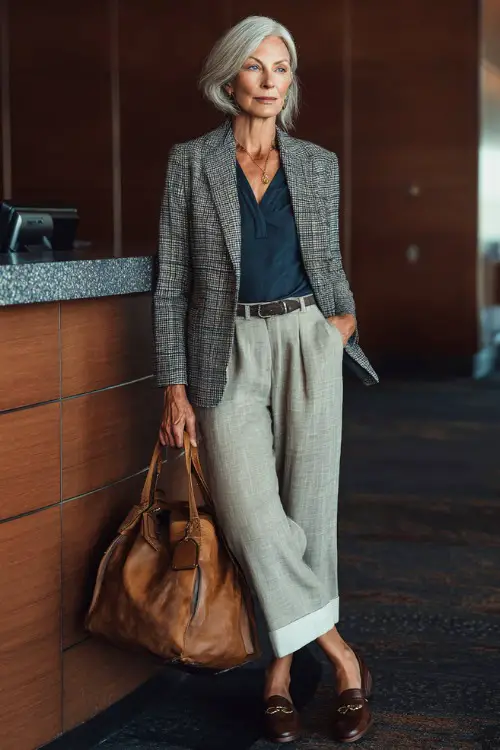 A woman over 50 wears a relaxed blazer over a fitted top and comfortable trousers, paired with loafers and a leather handbag
