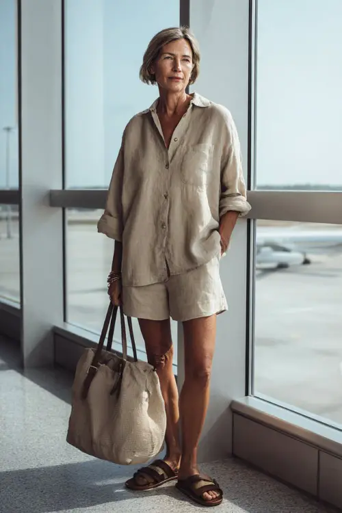 A woman over 50 wears a relaxed linen co-ord set with a loose button-down shirt and matching shorts, styled with slide sandals and a tote bag
