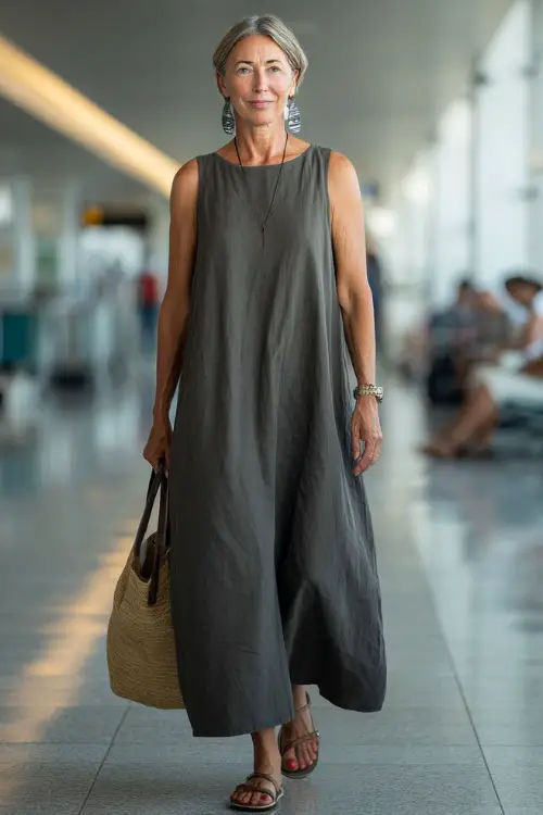 A woman over 50 wears a simple cotton maxi dress with subtle structure, paired with flat sandals and statement earrings 