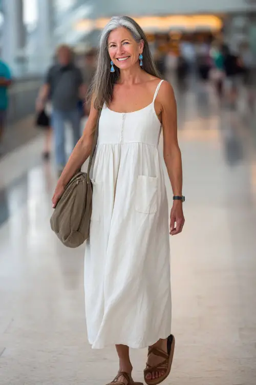 A woman over 50 wears a simple cotton maxi dress with subtle structure, paired with flat sandals and statement earrings
