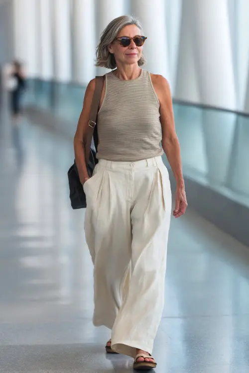 A woman over 50 wears a sleeveless knit top with wide-leg flowy pants, paired with flat sandals and a crossbody bag 
