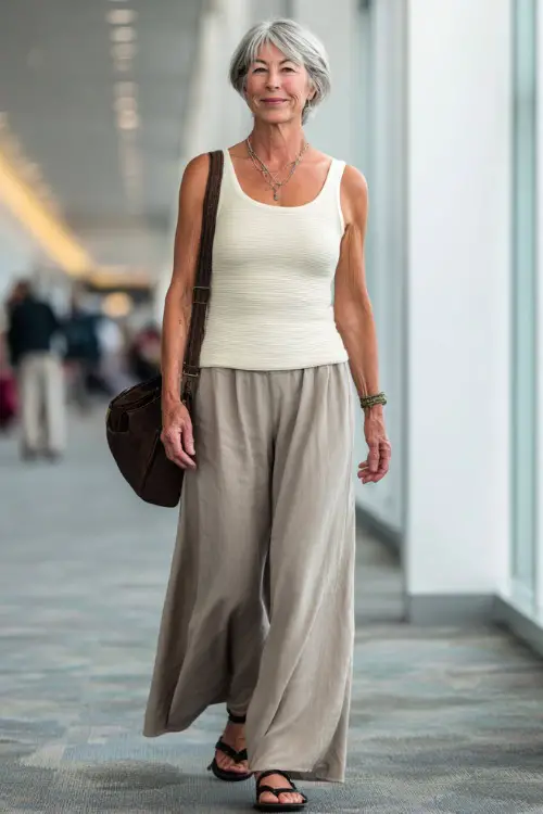 A woman over 50 wears a sleeveless knit top with wide-leg flowy pants, paired with flat sandals and a crossbody bag, walking through an airy airport space 