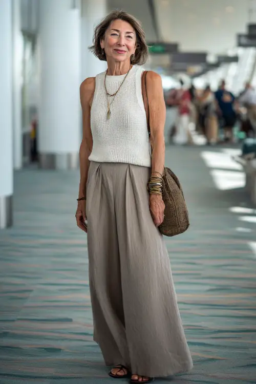 A woman over 50 wears a sleeveless knit top with wide-leg flowy pants, paired with flat sandals and a crossbody bag, walking through an airy airport space