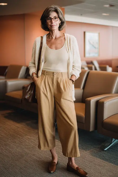 A woman over 50 wears a soft cardigan layered over a tank top and high-waisted trousers, paired with loafers and a crossbody bag, standing in an airport lounge 