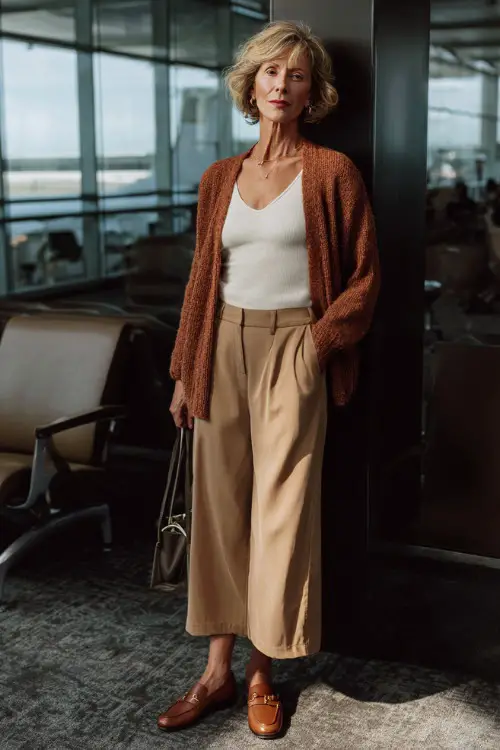 A woman over 50 wears a soft cardigan layered over a tank top and high-waisted trousers, paired with loafers and a crossbody bag, standing in an airport lounge