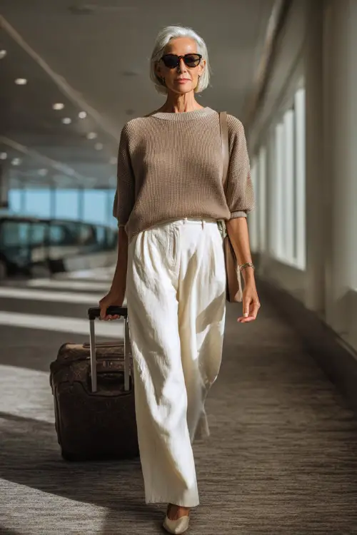 A woman over 50 wears a soft knit top with high-waisted wide-leg pants, paired with comfortable flats and oversized sunglasses, pulling a suitcase through an airport corridor