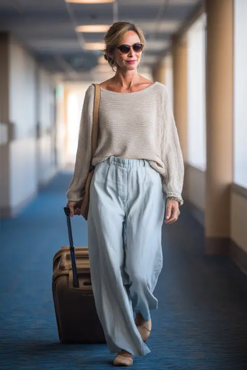 A woman over 50 wears a soft knit top with high-waisted wide-leg pants