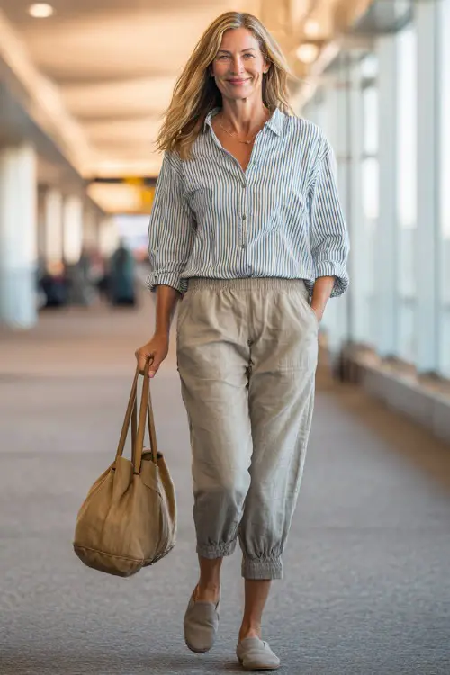 A woman over 50 wears a striped button-up shirt tucked into elastic-waist trousers, paired with comfortable slip-on shoes and a tote bag, pulling a suitcase across the airport floor
