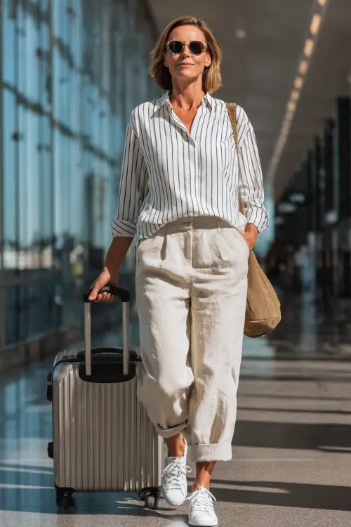 A woman over 50 wears a striped button-up shirt tucked into lightweight ankle-length pants, styled with white sneakers and sunglasses 