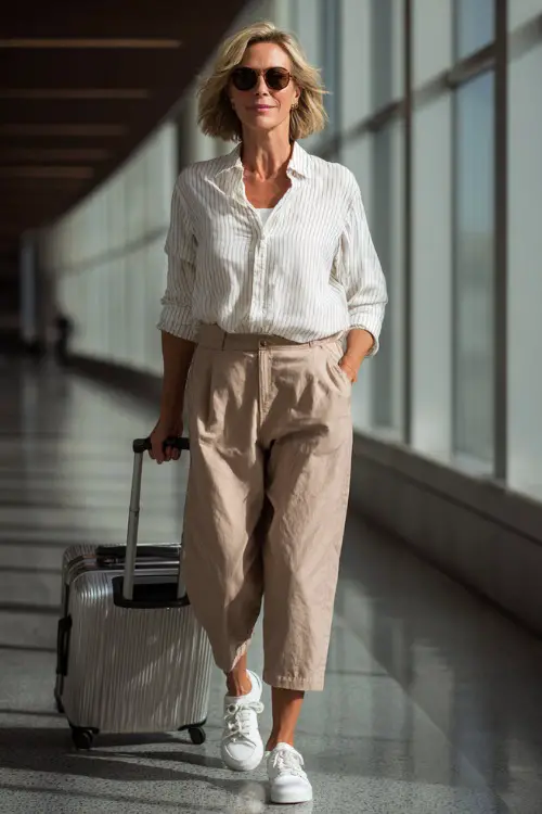 A woman over 50 wears a striped button-up shirt tucked into lightweight ankle-length pants, styled with white sneakers and sunglasses 