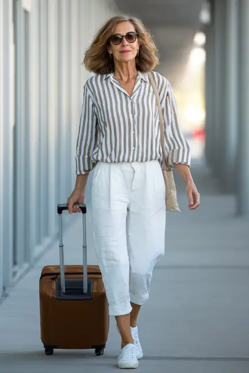 A woman over 50 wears a striped button-up shirt tucked into lightweight ankle-length pants, styled with white sneakers and sunglasses 