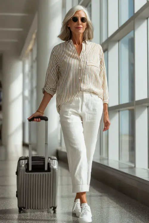 A woman over 50 wears a striped button-up shirt tucked into lightweight ankle-length pants, styled with white sneakers and sunglasses