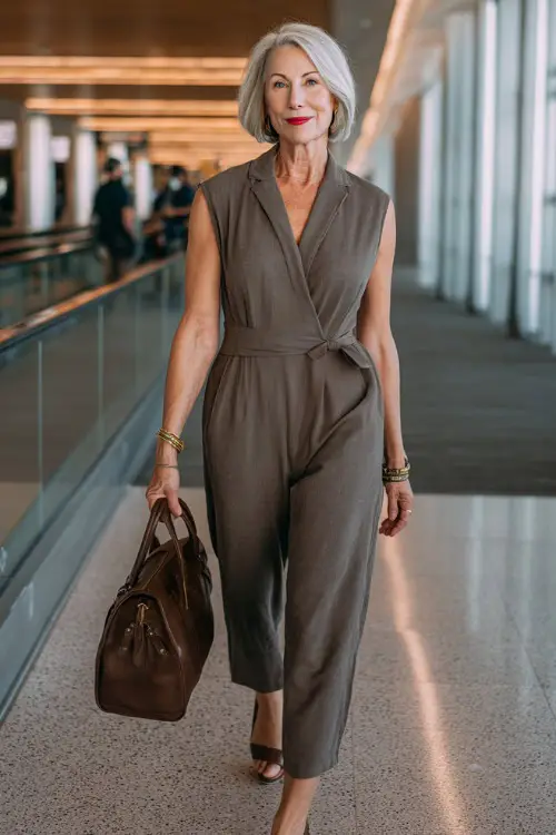 A woman over 50 wears a tailored jumpsuit with a defined waist, paired with low heels and a leather handbag, walking confidently through a modern airport terminal 