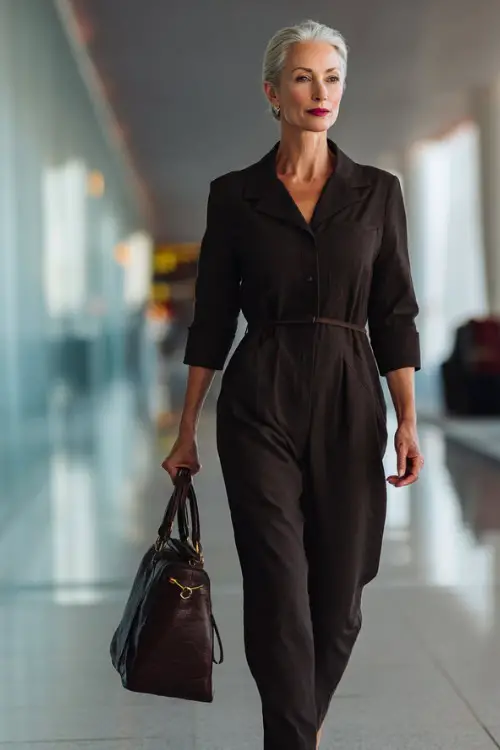 A woman over 50 wears a tailored jumpsuit with a defined waist, paired with low heels and a leather handbag, walking confidently through a modern airport terminal
