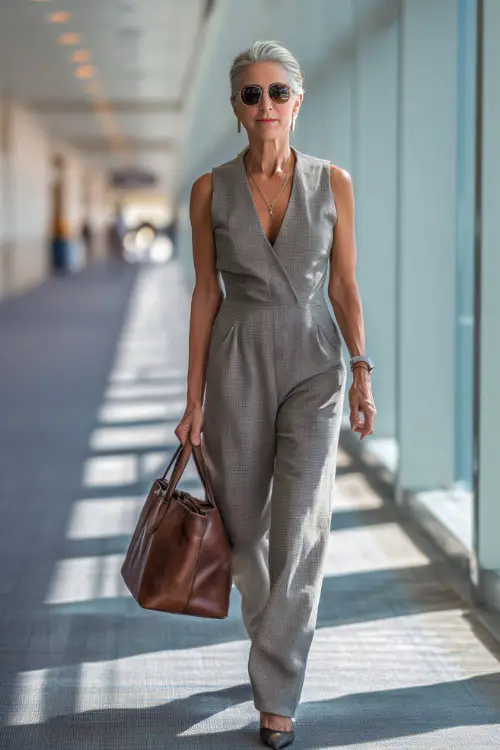 A woman over 50 wears a tailored jumpsuit with a defined waist, styled with low heels and a leather handbag, walking confidently through the airport terminal