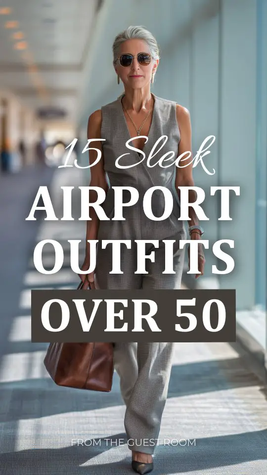 A woman over 50 wears an airport outfit with a tailored jumpsuit with a defined waist, styled with low heels and a leather handbag