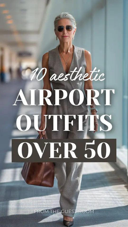 A woman over 50 wears an airport outfit with a tailored jumpsuit with a defined waist, styled with low heels and a leather handbag