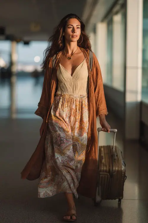 A woman wears a boho aesthetic outfit with a flowy maxi dress and lightweight kimono 