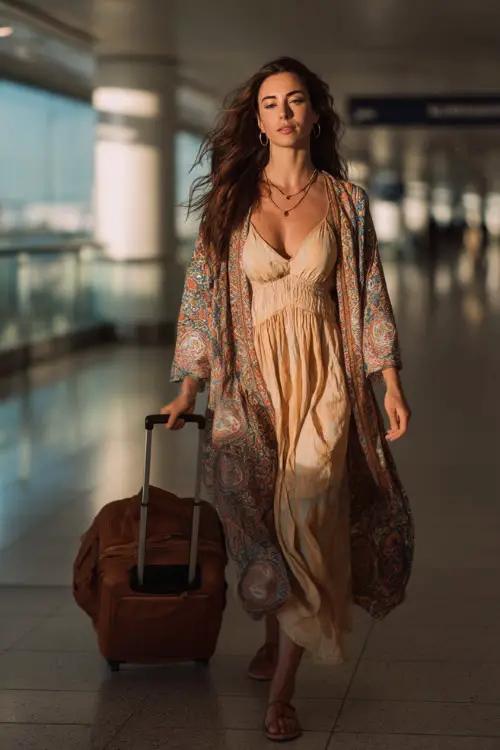 A woman wears a boho aesthetic outfit with a flowy maxi dress and lightweight kimono