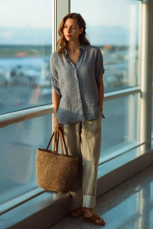 A woman wears a breathable linen set with a loose button-down shirt and relaxed pants, styled with flat sandals and a woven tote bag 