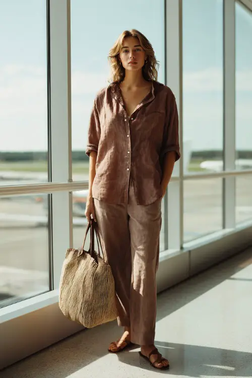 A woman wears a breathable linen set with a loose button-down shirt and relaxed pants, styled with flat sandals and a woven tote bag, standing near large airport windows
