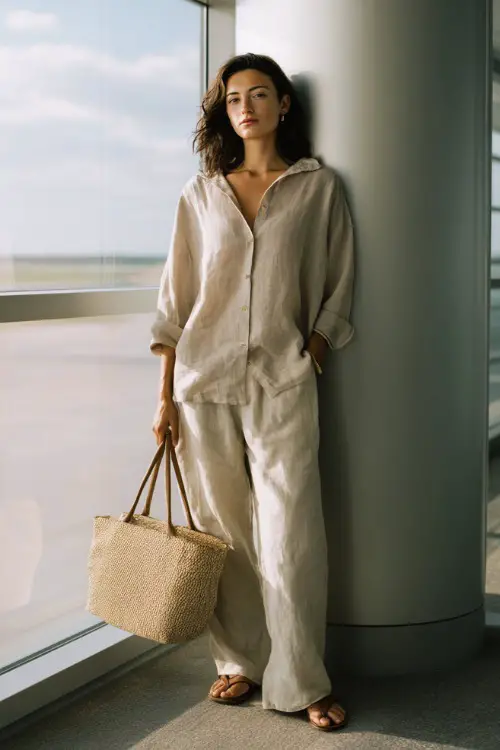 A woman wears a breathable linen set with a loose button-down shirt and relaxed pants, styled with flat sandals and a woven tote bag