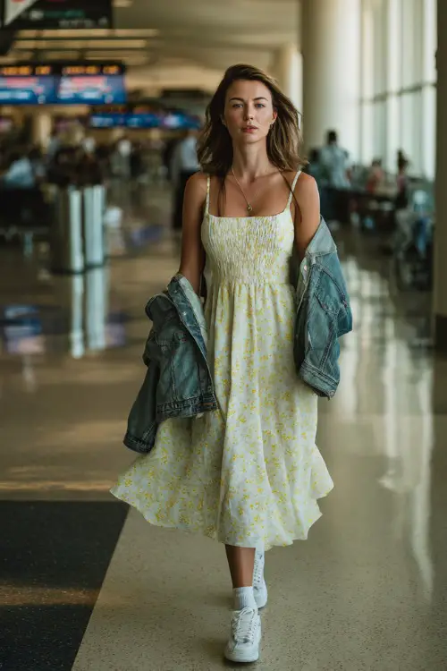 A woman wears a breezy midi sundress with subtle floral prints