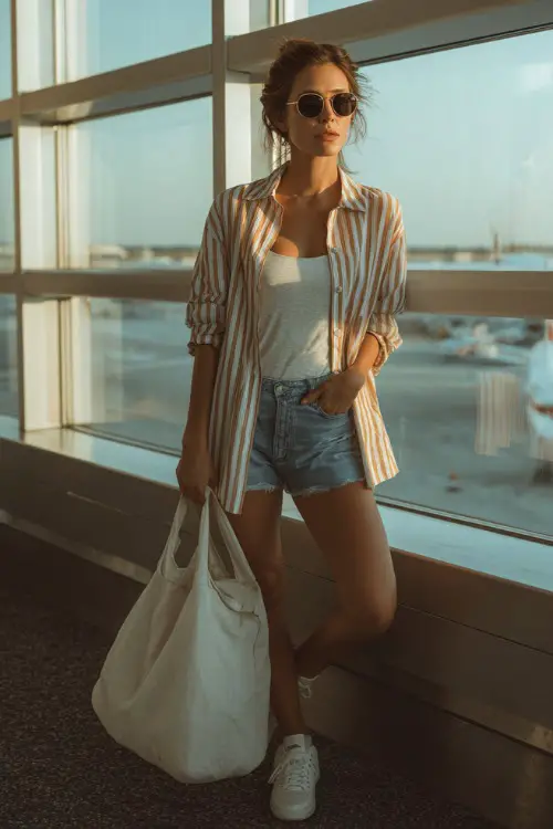 A woman wears a casual chic aesthetic outfit with a striped button-up shirt layered over a tank top and denim shorts