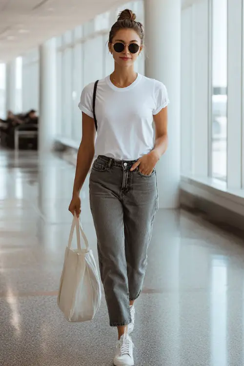 A woman wears a clean girl aesthetic outfit with a fitted white t-shirt and straight-leg jeans 