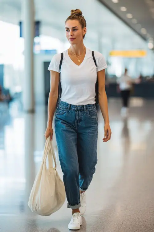 A woman wears a clean girl aesthetic outfit with a fitted white t-shirt and straight-leg jeans