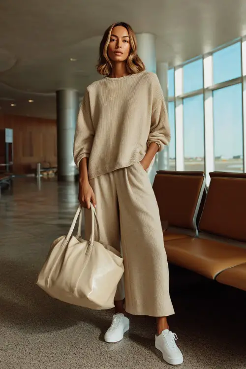 A woman wears a cozy knit lounge set with a relaxed sweater and wide-leg pants, paired with slip-on sneakers and a structured tote, standing in an airport lounge area 