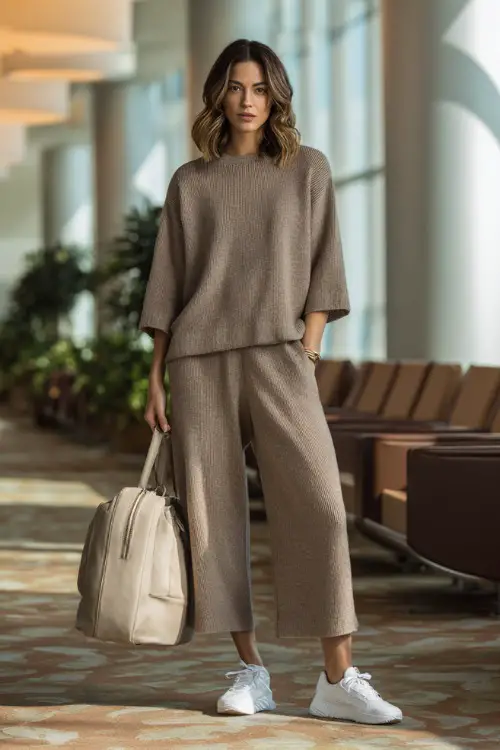 A woman wears a cozy knit lounge set with a relaxed sweater and wide-leg pants, paired with slip-on sneakers and a structured tote, standing in an airport lounge area