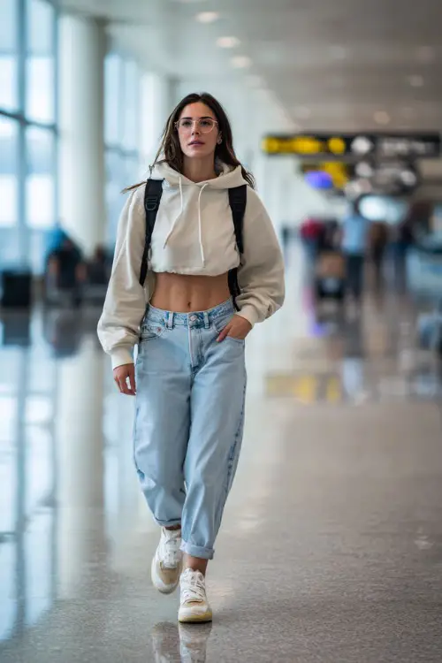 A woman wears a cropped hoodie with high-waisted mom jeans, paired with chunky sneakers and a mini backpack