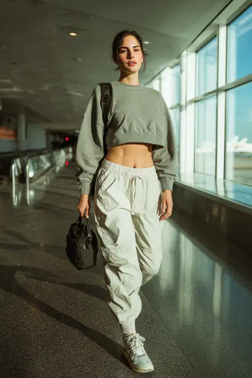 A woman wears a cropped sweatshirt with high-waisted joggers, paired with sleek sneakers and a mini backpack