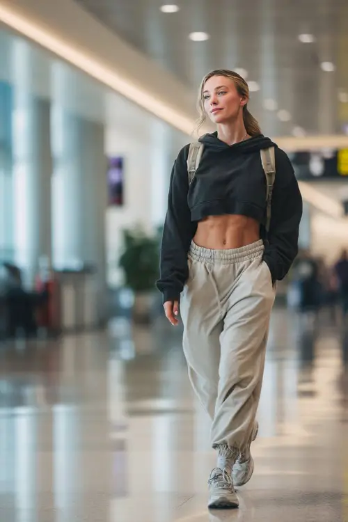A woman wears a cropped sweatshirt with high-waisted joggers, paired with sleek sneakers and a mini backpack 