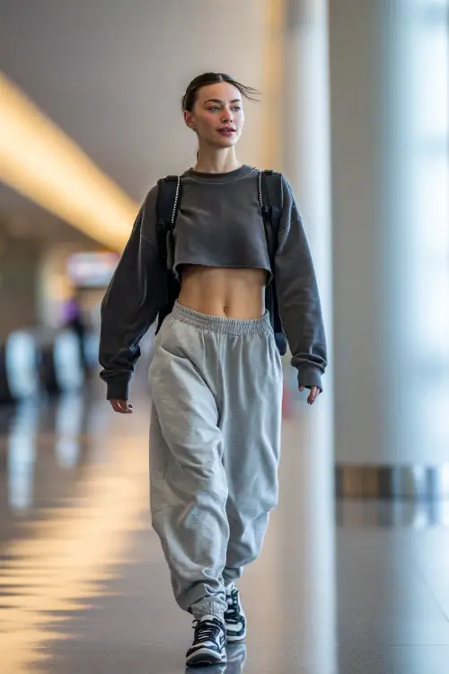 A woman wears a cropped sweatshirt with high-waisted joggers, paired with sleek sneakers and a mini backpack
