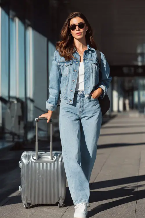 A woman wears a denim-on-denim outfit with a fitted denim jacket and straight-leg jeans, styled with white sneakers and sunglasses