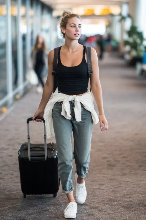 A woman wears a fitted black tank top with high-waisted straight-leg jeans 