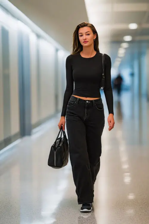 A woman wears a fitted long-sleeve top with high-waisted black jeans, styled with sleek sneakers and a structured handbag 