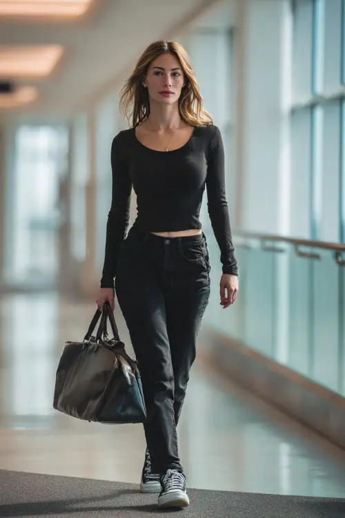 A woman wears a fitted long-sleeve top with high-waisted black jeans, styled with sleek sneakers and a structured handbag