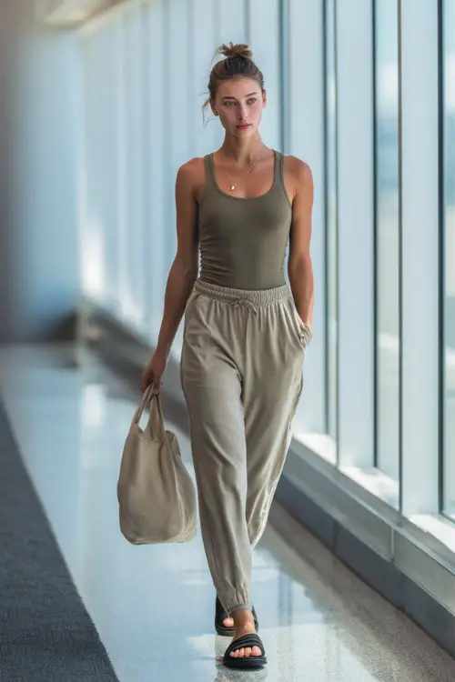 A woman wears a fitted ribbed tank top with loose drawstring sweatpants, paired with slide sandals and a tote bag, walking through an airport corridor 