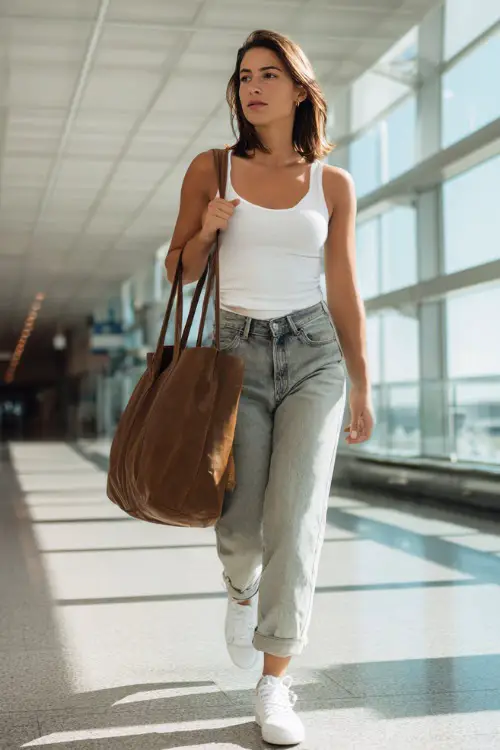 A woman wears a fitted white tank top tucked into high-waisted straight-leg jeans, styled with white sneakers and a structured leather tote 