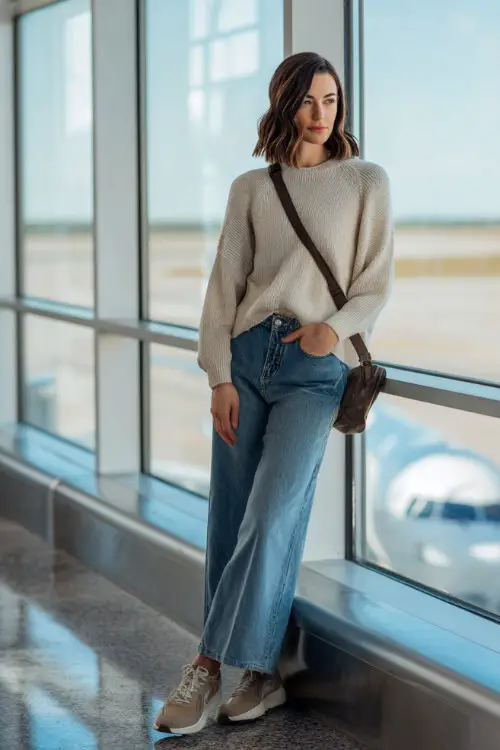 A woman wears a lightweight knit sweater tucked into wide-leg jeans, styled with slip-on sneakers and a crossbody bag 