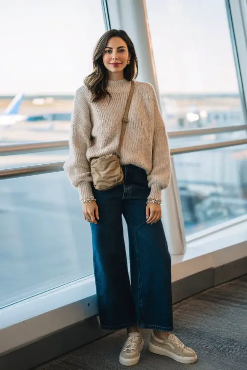 A woman wears a lightweight knit sweater tucked into wide-leg jeans, styled with slip-on sneakers and a crossbody bag