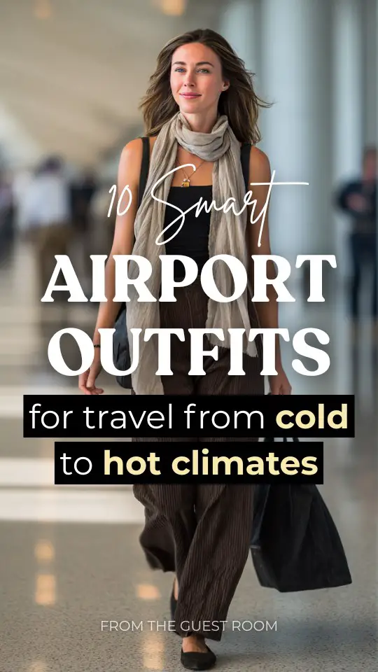 A woman wears a lightweight scarf over a sleeveless top and high-waisted pants, airport outfit for traveling from cold to hot climates