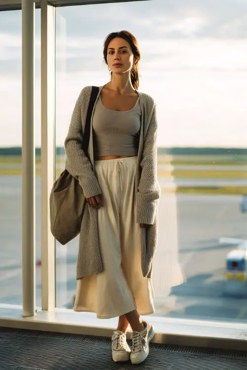 A woman wears a longline cardigan over a fitted tank top and flowy midi skirt, paired with sneakers and a tote bag