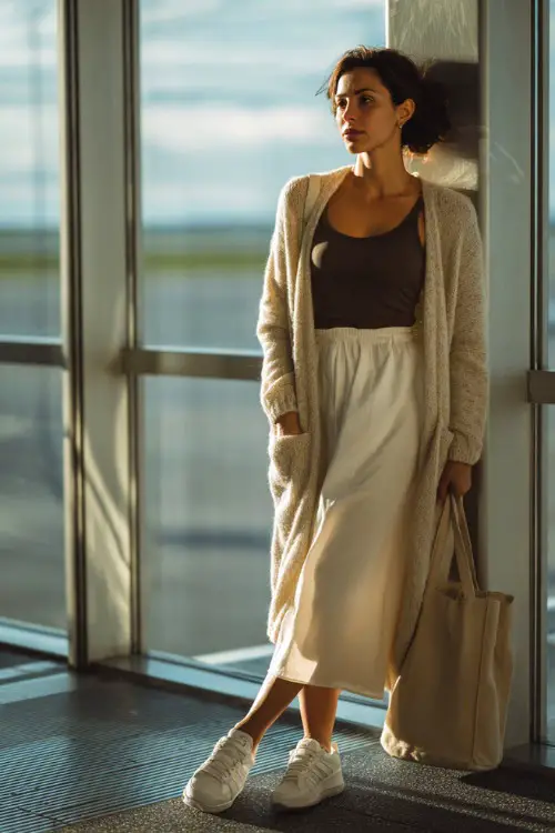 A woman wears a longline cardigan over a fitted tank top and flowy midi skirt, paired with sneakers and a tote bag