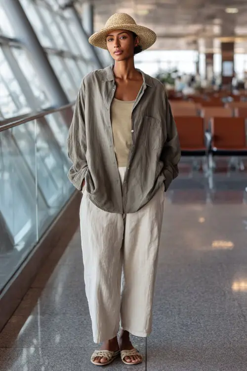 A woman wears a loose oversized button-up shirt layered over a simple tank and linen pants