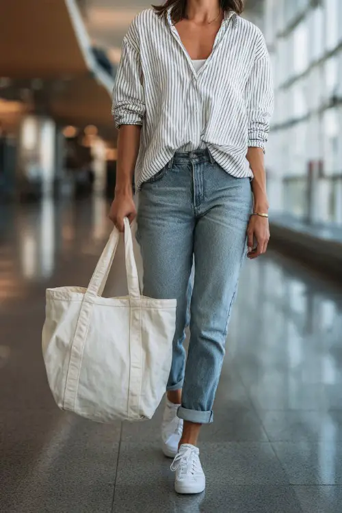 A woman wears a loose striped shirt tucked into relaxed boyfriend jeans, paired with white sneakers and a tote bag, walking through an airy airport terminal